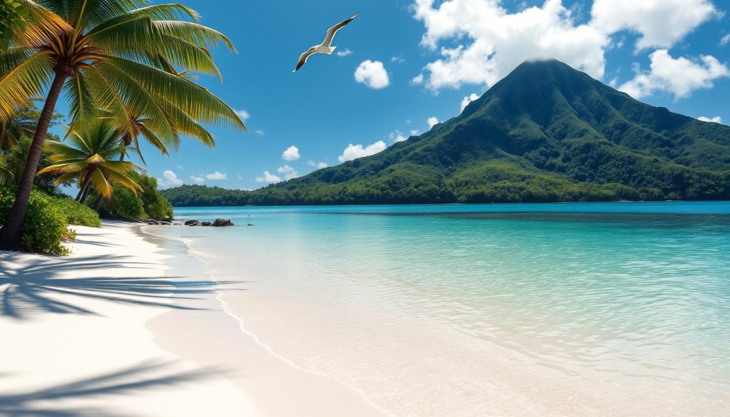 Pristine white sand beaches caressed by crystal-clear turquoise waters, fringed with swaying palm trees and lush tropical foliage. Sunlight dances across the gently lapping waves, casting mesmerizing reflections. In the distance, a verdant volcanic peak rises majestically, its slopes blanketed in verdant rainforest. A warm, gentle breeze carries the scent of exotic flowers. Seabirds soar overhead, their graceful movements mirrored in the tranquil lagoon. Capture the essence of the Cook Islands' natural splendor - a serene, unspoiled paradise where time seems to stand still. Pristine white sand beaches caressed by crystal-clear turquoise waters, fringed with swaying palm trees and lush tropical foliage. Sunlight dances across the gently lapping waves, casting mesmerizing reflections. In the distance, a verdant volcanic peak rises majestically, its slopes blanketed in verdant rainforest. A warm, gentle breeze carries the scent of exotic flowers. Seabirds soar overhead, their graceful movements mirrored in the tranquil lagoon. Capture the essence of the Cook Islands' natural splendor - a serene, unspoiled paradise where time seems to stand still.