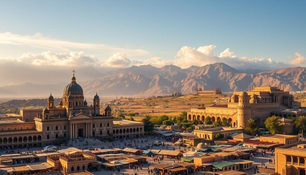 Prompt A sweeping panorama of Eritrean history, captured in vivid detail. In the foreground, a grand palace stands tall, its intricate architecture reflecting the region's rich cultural heritage. Surrounding it, a bustling marketplace buzzes with activity, showcasing the vibrant everyday life of the Eritrean people. In the middle ground, rugged mountains rise majestically, their peaks touched by soft, golden light filtering through wispy clouds. In the distance, the silhouettes of ancient fortresses and monuments dot the landscape, hinting at Eritrea's storied past. The scene is imbued with a sense of timelessness, inviting the viewer to immerse themselves in the captivating narrative of this remarkable nation. Prompt A sweeping panorama of Eritrean history, captured in vivid detail. In the foreground, a grand palace stands tall, its intricate architecture reflecting the region's rich cultural heritage. Surrounding it, a bustling marketplace buzzes with activity, showcasing the vibrant everyday life of the Eritrean people. In the middle ground, rugged mountains rise majestically, their peaks touched by soft, golden light filtering through wispy clouds. In the distance, the silhouettes of ancient fortresses and monuments dot the landscape, hinting at Eritrea's storied past. The scene is imbued with a sense of timelessness, inviting the viewer to immerse themselves in the captivating narrative of this remarkable nation.