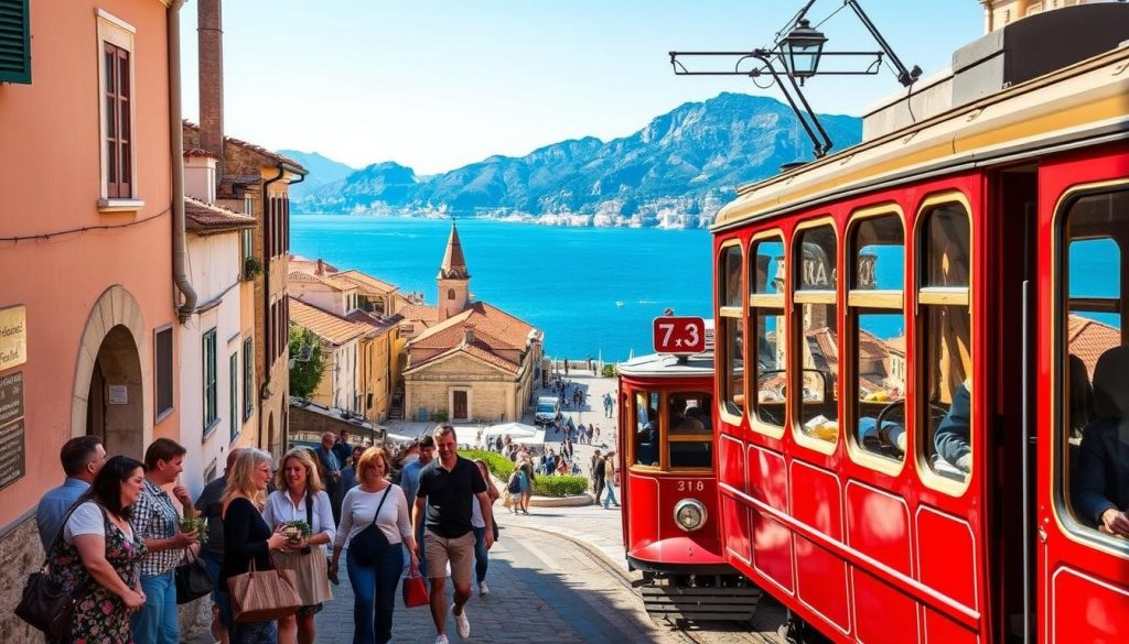 Quaint Croatian public transport: a vintage tram navigating the winding streets of a picturesque coastal town, its vibrant red exterior gleaming in the warm Mediterranean sunlight. In the foreground, passengers disembarking, carrying local produce and chatting animatedly. The middle ground reveals a charming town square, lined with historic buildings and bustling with pedestrians. In the background, the azure Adriatic Sea and rugged mountains create a breathtaking natural backdrop. The scene conveys a sense of local character, efficient transport, and the overall practical appeal of visiting Croatia.