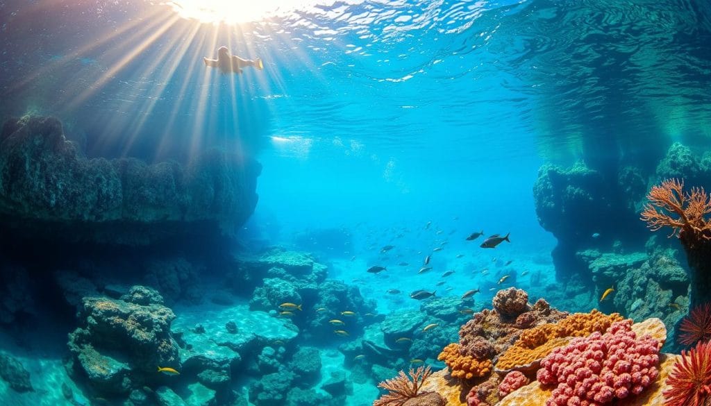 Scenic underwater landscape of the Gulf of Tadjoura, Djibouti. Crystal clear blue waters teeming with vibrant marine life. Dramatic rock formations, caves, and coral reefs in the foreground, with a sunlit surface breaking through the middle distance. Beams of golden light pierce through the water, illuminating the scene in a warm, ethereal glow. Diverse schools of tropical fish and other mesmerizing aquatic creatures in the mid and background. Capture the tranquility and wonder of this premier diving destination in the Horn of Africa. Scenic underwater landscape of the Gulf of Tadjoura, Djibouti. Crystal clear blue waters teeming with vibrant marine life. Dramatic rock formations, caves, and coral reefs in the foreground, with a sunlit surface breaking through the middle distance. Beams of golden light pierce through the water, illuminating the scene in a warm, ethereal glow. Diverse schools of tropical fish and other mesmerizing aquatic creatures in the mid and background. Capture the tranquility and wonder of this premier diving destination in the Horn of Africa.