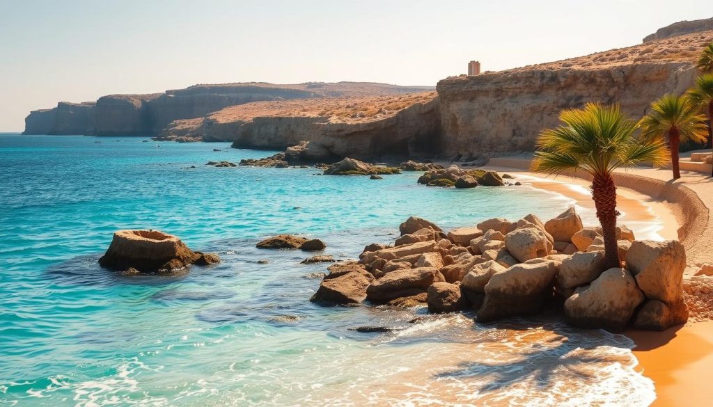 Serene azure waters lapping against pristine golden sands, dotted with sun-dappled rocks and swaying palm trees. A picturesque coastal scene in Cyprus, captured with a wide-angle lens to showcase the breathtaking panorama. Warm, golden sunlight illuminates the idyllic landscape, casting a soft, ethereal glow over the entire frame. In the distance, rugged cliffs and rocky outcroppings frame the tranquil beach, hinting at the island's dramatic geological history. The overall mood is one of relaxation and natural beauty, inviting the viewer to imagine themselves immersed in the captivating coastal treasures of Cyprus.