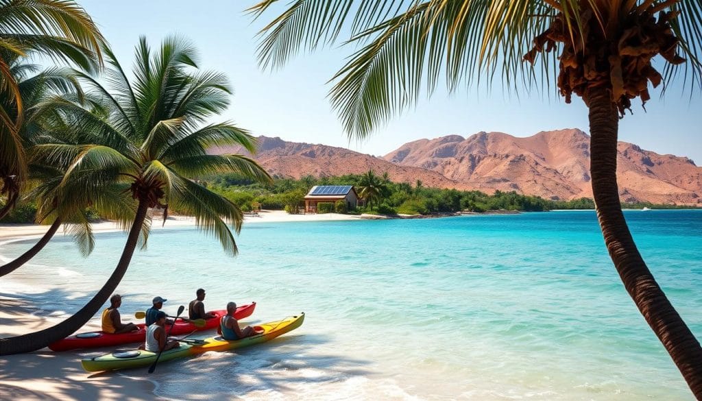Serene landscape of Djibouti's coastline, sun-dappled beaches and turquoise waters lapping gently. In the foreground, a group of eco-tourists kayaking, taking in the tranquil natural beauty. Tall, curved palm trees sway in the gentle breeze, casting dappled shadows on the shore. A small, rustic eco-lodge is nestled discreetly among lush, verdant foliage in the middle ground, solar panels glinting on its rooftop. In the distance, rugged, ochre-hued mountains rise up, their slopes dotted with hardy, drought-resistant vegetation. A sense of peace, harmony and environmental stewardship pervades the scene. Serene landscape of Djibouti's coastline, sun-dappled beaches and turquoise waters lapping gently. In the foreground, a group of eco-tourists kayaking, taking in the tranquil natural beauty. Tall, curved palm trees sway in the gentle breeze, casting dappled shadows on the shore. A small, rustic eco-lodge is nestled discreetly among lush, verdant foliage in the middle ground, solar panels glinting on its rooftop. In the distance, rugged, ochre-hued mountains rise up, their slopes dotted with hardy, drought-resistant vegetation. A sense of peace, harmony and environmental stewardship pervades the scene.