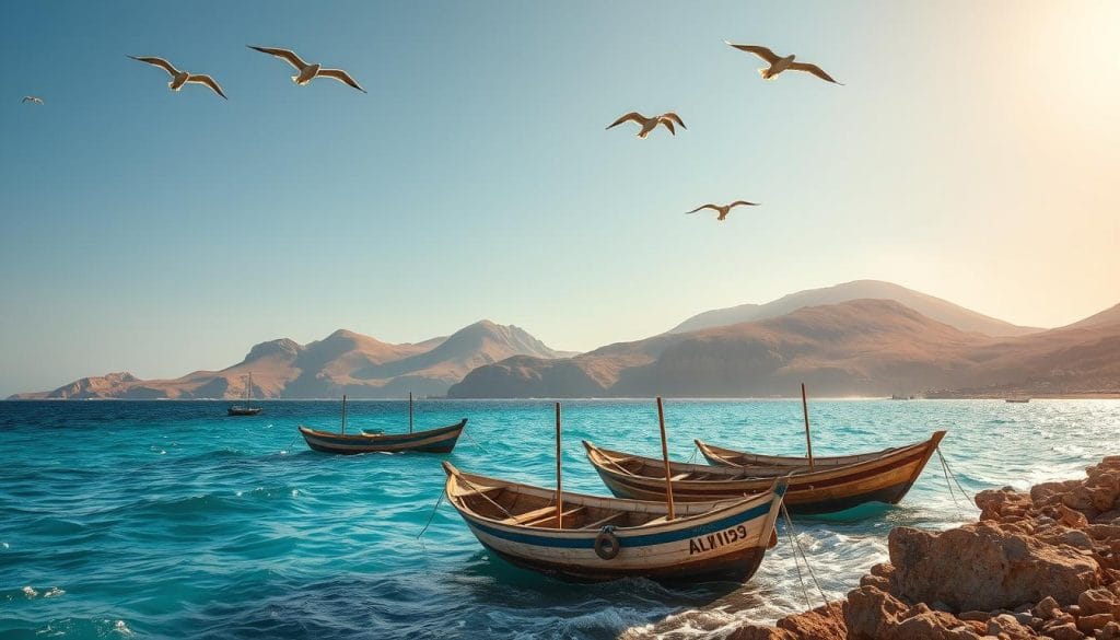 Sweeping coastline of Eritrea's Red Sea, sun-drenched beaches and rugged cliffs carved by nature's gentle touch. Vibrant azure waters lap against the shore, inviting exploration. In the foreground, traditional fishing boats sway gently, their weathered hulls a testament to the region's maritime heritage. Overhead, seabirds soar on the coastal breeze, casting dynamic shadows across the scene. Lush, verdant hills rise in the distance, their slopes cascading down to meet the shimmering sea. The warm, golden light bathes the entire landscape, evoking a sense of tranquility and adventure. Capture the essence of Eritrea's natural splendor, a mesmerizing coastal paradise waiting to be discovered. Sweeping coastline of Eritrea's Red Sea, sun-drenched beaches and rugged cliffs carved by nature's gentle touch. Vibrant azure waters lap against the shore, inviting exploration. In the foreground, traditional fishing boats sway gently, their weathered hulls a testament to the region's maritime heritage. Overhead, seabirds soar on the coastal breeze, casting dynamic shadows across the scene. Lush, verdant hills rise in the distance, their slopes cascading down to meet the shimmering sea. The warm, golden light bathes the entire landscape, evoking a sense of tranquility and adventure. Capture the essence of Eritrea's natural splendor, a mesmerizing coastal paradise waiting to be discovered.