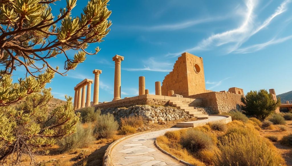 Towering ancient ruins nestled amidst the rugged, sun-kissed landscape of Cyprus. Crumbling stone columns and weathered walls stand as silent sentinels, their intricate carvings and inscriptions hinting at a forgotten past. In the foreground, a winding path leads visitors through the site, allowing them to imagine the bustling activity that once filled these hallowed halls. The warm, golden light filters through the gnarled branches of olive trees, casting a gentle glow over the scene and imbuing it with a sense of timeless serenity. Wispy clouds drift across the azure sky, completing the tranquil, contemplative atmosphere that invites exploration and discovery of Cyprus' rich archaeological heritage.