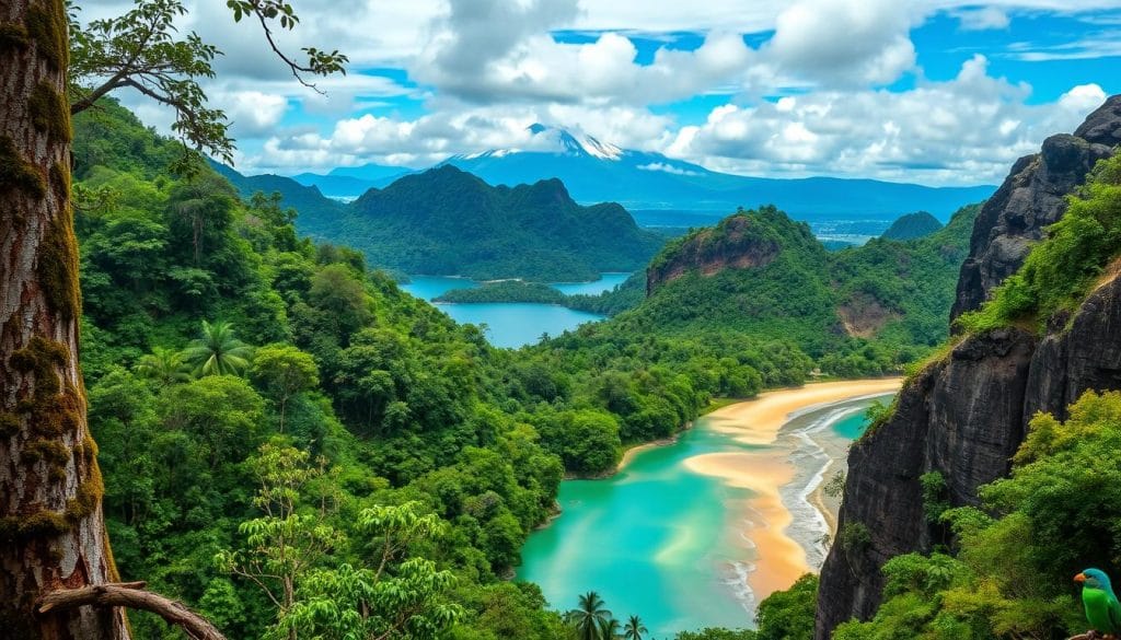 Verdant cloud forests draped in lush vegetation, towering Andean peaks capped in pristine snow, vibrant Amazon basin teeming with diverse wildlife, and a sun-drenched Pacific coastline - the four worlds of Ecuadorian biodiversity captured in a single, awe-inspiring vista. Rich greens and earthy tones dominate the frame, punctuated by the vivid blues of glacial lakes and the warm golds of sandy beaches. Soft, diffused lighting illuminates the intricate textures of mossy tree trunks, the rugged beauty of volcanic rock formations, and the iridescent plumage of exotic birds. An enveloping sense of natural harmony and abundance permeates the scene, inviting the viewer to immerse themselves in the remarkable diversity of this South American wonder. Verdant cloud forests draped in lush vegetation, towering Andean peaks capped in pristine snow, vibrant Amazon basin teeming with diverse wildlife, and a sun-drenched Pacific coastline - the four worlds of Ecuadorian biodiversity captured in a single, awe-inspiring vista. Rich greens and earthy tones dominate the frame, punctuated by the vivid blues of glacial lakes and the warm golds of sandy beaches. Soft, diffused lighting illuminates the intricate textures of mossy tree trunks, the rugged beauty of volcanic rock formations, and the iridescent plumage of exotic birds. An enveloping sense of natural harmony and abundance permeates the scene, inviting the viewer to immerse themselves in the remarkable diversity of this South American wonder.