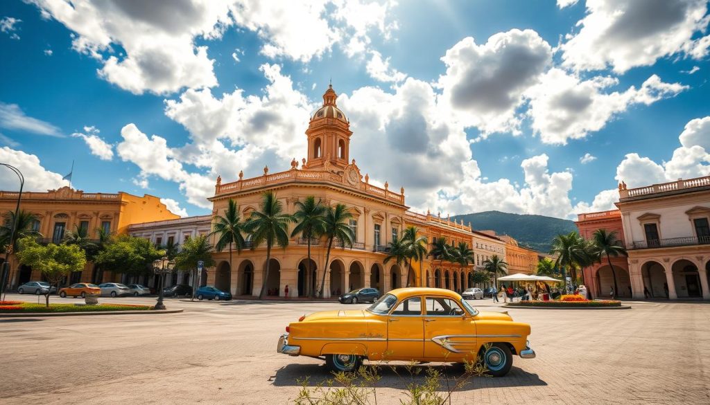 Vibrant Cuban landscapes, sun-dappled plazas, and iconic colonial architecture. Capture the essence of must-visit destinations: Havana's bustling Malecón, the UNESCO-listed Viñales Valley with its dramatic mogotes, the colorful streets of Trinidad, and the pristine beaches of Varadero. Use a wide-angle lens to showcase the grand scale of Cuba's natural wonders and the intimate details of its historic cities. Employ warm, golden lighting to evoke the tropical allure, while maintaining a sense of timeless elegance. Compose the image with a balanced, harmonious arrangement that invites the viewer to explore Cuba's captivating diversity.