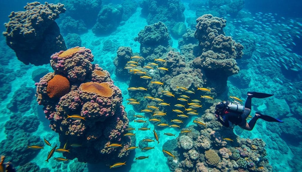 Vibrant coral reefs teeming with diverse marine life in the crystal-clear waters of the Red Sea. Majestic schools of tropical fish gliding effortlessly through the azure depths, their vibrant colors shimmering in the gentle sunbeams that filter down from the surface. Rugged, rocky outcroppings dotting the seafloor, providing a dramatic backdrop for the underwater paradise. A diver, clad in sleek diving gear, explores this enchanting world, capturing the wonder and beauty of this unique ecosystem through their camera lens. Soft shadows and dramatic highlights accentuate the intricate details, creating a mesmerizing and immersive visual experience.