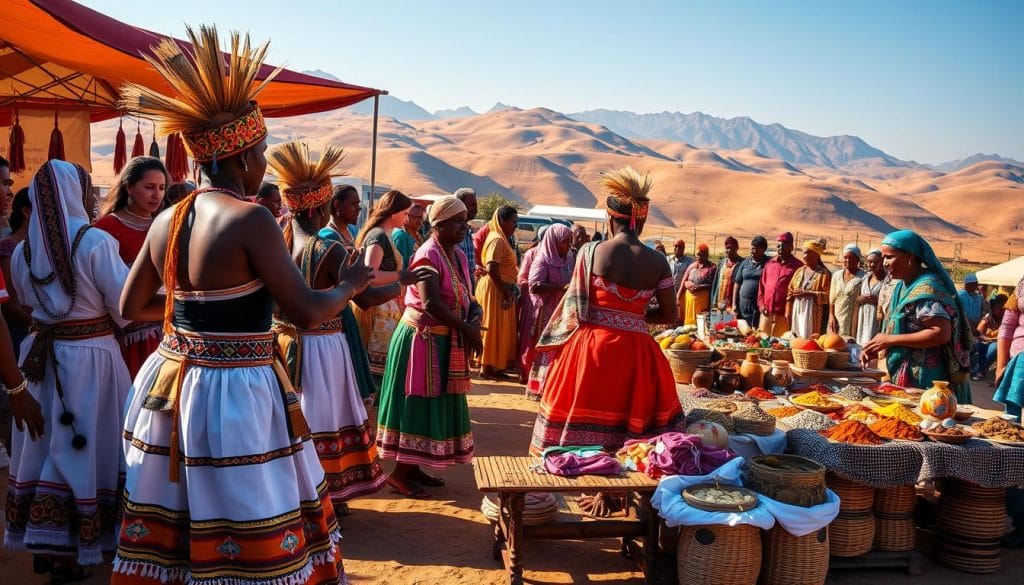 Vibrant festival scene in Eritrea, showcasing traditional tribal attire, lively dance performances, and a colorful array of handcrafted wares. The foreground features a group of locals engaged in a spirited folk dance, their elaborate costumes and headdresses reflecting the rich cultural heritage of the region. In the middle ground, a bustling marketplace displays a diverse selection of handwoven textiles, intricate jewelry, and aromatic spices, inviting visitors to immerse themselves in the vibrant atmosphere. The background provides a glimpse of the stunning natural landscape, with rolling hills and a clear blue sky serving as a serene backdrop to the captivating festival. The scene is bathed in warm, golden lighting, creating a sense of festivity and celebration. Capture the essence of Eritrea's vibrant festivals and cultural traditions. Vibrant festival scene in Eritrea, showcasing traditional tribal attire, lively dance performances, and a colorful array of handcrafted wares. The foreground features a group of locals engaged in a spirited folk dance, their elaborate costumes and headdresses reflecting the rich cultural heritage of the region. In the middle ground, a bustling marketplace displays a diverse selection of handwoven textiles, intricate jewelry, and aromatic spices, inviting visitors to immerse themselves in the vibrant atmosphere. The background provides a glimpse of the stunning natural landscape, with rolling hills and a clear blue sky serving as a serene backdrop to the captivating festival. The scene is bathed in warm, golden lighting, creating a sense of festivity and celebration. Capture the essence of Eritrea's vibrant festivals and cultural traditions.