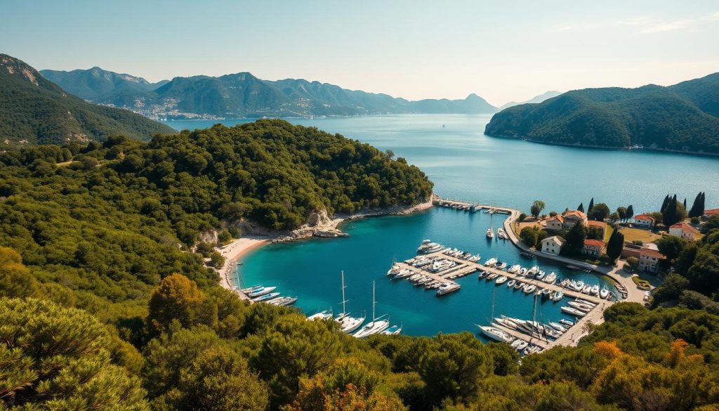 Vibrant green forests, pristine blue waters, and sun-drenched coastlines of Croatia. A wide-angle aerial view captures a scenic eco-friendly travel destination, with local boats docked in a picturesque harbor, surrounded by lush vegetation and mountains in the background. A warm, natural lighting illuminates the scene, creating a serene and inviting atmosphere. Emphasis on sustainable tourism and environmental preservation, with minimal human presence to showcase Croatia's untouched natural beauty.