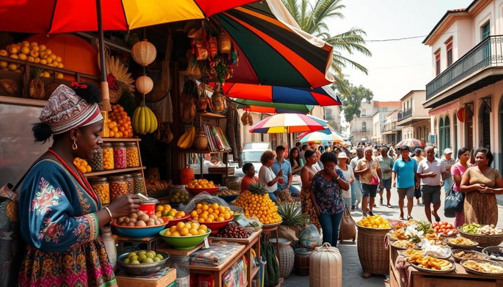 Vibrant street scene in a quaint Spanish-speaking African town, with a bustling market stall filled with a vibrant array of tropical fruits, spices, and handcrafted wares. In the foreground, a vendor in traditional dress offers samples of local delicacies, while colorful umbrellas and lively chatter create a lively, authentic atmosphere. The middle ground showcases a diverse crowd of locals and tourists exploring the offerings, while the background features a glimpse of colonial-era architecture and a sunny, hazy sky, conveying the unique cultural fusion of Equatorial Guinea.