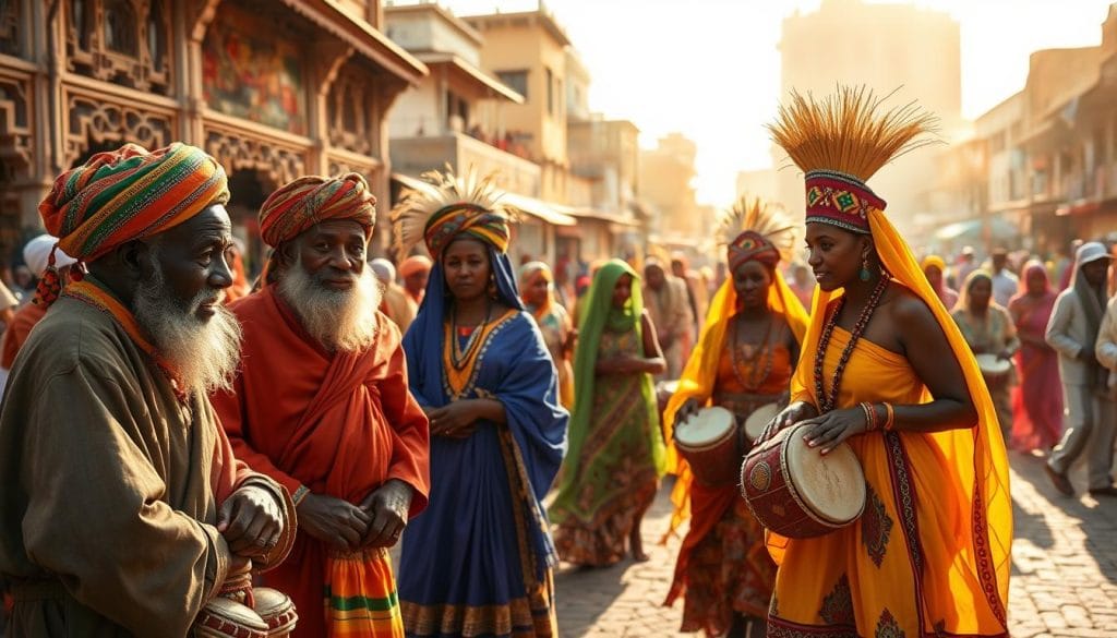 Vibrant traditional Afar and Issa tribal costumes against the backdrop of a bustling Djibouti marketplace. In the foreground, a group of elders in brightly colored robes and turbans engage in lively conversation, their weathered faces etched with wisdom. In the middle ground, women in elaborate headdresses and flowing dresses dance to the rhythmic beats of traditional drums. The background is filled with the sights and sounds of the city - ornate buildings, colorful vendor stalls, and the occasional camel or donkey carrying goods through the narrow streets. Warm, golden sunlight filters through the scene, casting a soft, mystical glow over the entire composition. Vibrant traditional Afar and Issa tribal costumes against the backdrop of a bustling Djibouti marketplace. In the foreground, a group of elders in brightly colored robes and turbans engage in lively conversation, their weathered faces etched with wisdom. In the middle ground, women in elaborate headdresses and flowing dresses dance to the rhythmic beats of traditional drums. The background is filled with the sights and sounds of the city - ornate buildings, colorful vendor stalls, and the occasional camel or donkey carrying goods through the narrow streets. Warm, golden sunlight filters through the scene, casting a soft, mystical glow over the entire composition.