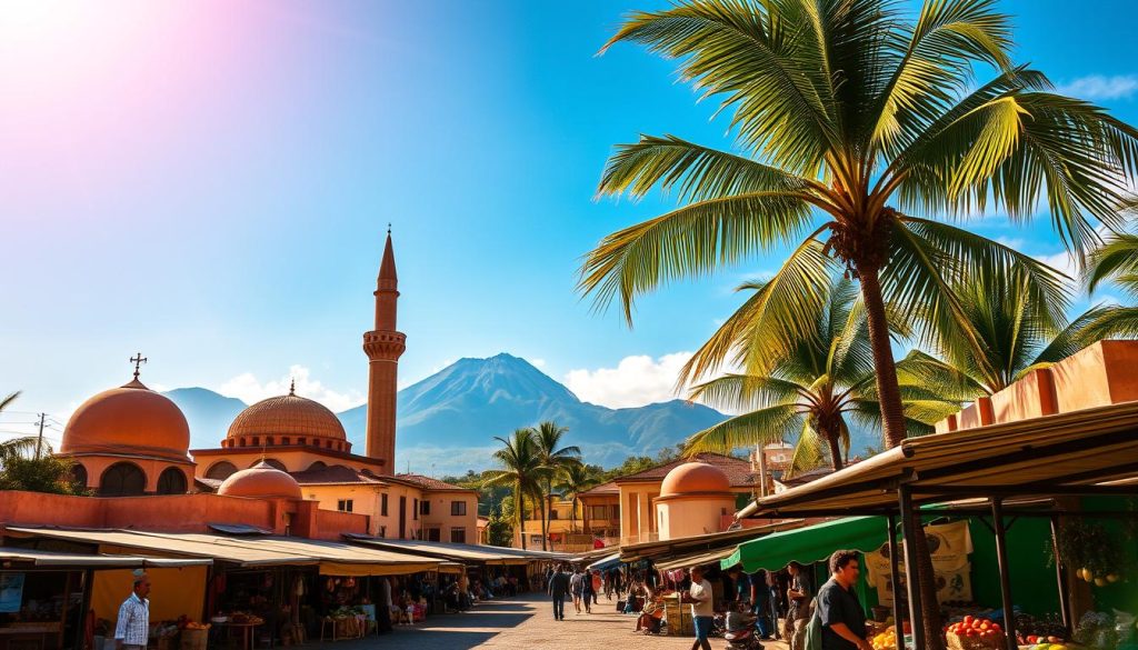 a picturesque coastal town in the Comoros archipelago, with traditional domed buildings in warm ochre and terracotta tones, nestled among swaying palm trees. in the foreground, a bustling local market with vendors selling exotic fruits, spices, and handcrafted wares. the middle ground features a towering minaret of a historic mosque, its elegant silhouette against a brilliant azure sky. in the distance, volcanic peaks rise majestically, shrouded in a hazy, dreamlike atmosphere. the scene is bathed in rich, golden sunlight, creating a warm, timeless ambiance that captures the cultural heritage and natural beauty of the Comoros islands. a picturesque coastal town in the Comoros archipelago, with traditional domed buildings in warm ochre and terracotta tones, nestled among swaying palm trees. in the foreground, a bustling local market with vendors selling exotic fruits, spices, and handcrafted wares. the middle ground features a towering minaret of a historic mosque, its elegant silhouette against a brilliant azure sky. in the distance, volcanic peaks rise majestically, shrouded in a hazy, dreamlike atmosphere. the scene is bathed in rich, golden sunlight, creating a warm, timeless ambiance that captures the cultural heritage and natural beauty of the Comoros islands.